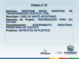 Projeto nº 47
Projeto nº 47
Empresa:
Empresa: MEXICHEM BRASIL INDÚSTRIA DE
MEXICHEM BRASIL INDÚSTRIA DE
TRANSFORMAÇÃO PLÁSTICA LTDA.
TRANSFORMAÇÃO PLÁSTICA LTDA.
Município:
Município: CABO DE SANTO AGOSTINHO
CABO DE SANTO AGOSTINHO
Natureza do Projeto:
Natureza do Projeto: TERCEIRIZAÇÃO FORA DO
TERCEIRIZAÇÃO FORA DO
ESTADO
ESTADO
Enquadramento:
Enquadramento: AGRUPAMENTO INDUSTRIAL
AGRUPAMENTO INDUSTRIAL
PRIORITÁRIO DE PLÁSTICO
PRIORITÁRIO DE PLÁSTICO
Produtos:
Produtos: ARTEFATOS DE PLÁSTICO
ARTEFATOS DE PLÁSTICO
 
