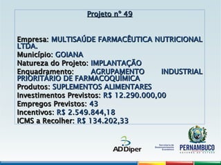 Projeto nº 49
Projeto nº 49
Empresa:
Empresa: MULTISAÚDE FARMACÊUTICA NUTRICIONAL
MULTISAÚDE FARMACÊUTICA NUTRICIONAL
LTDA.
LTDA.
Município:
Município: GOIANA
GOIANA
Natureza do Projeto:
Natureza do Projeto: IMPLANTAÇÃO
IMPLANTAÇÃO
Enquadramento:
Enquadramento: AGRUPAMENTO INDUSTRIAL
AGRUPAMENTO INDUSTRIAL
PRIORITÁRIO DE FARMACOQUÍMICA
PRIORITÁRIO DE FARMACOQUÍMICA
Produtos:
Produtos: SUPLEMENTOS ALIMENTARES
SUPLEMENTOS ALIMENTARES
Investimentos Previstos:
Investimentos Previstos: R$ 12.290.000,00
R$ 12.290.000,00
Empregos Previstos:
Empregos Previstos: 43
43
Incentivos:
Incentivos: R$ 2.549.844,18
R$ 2.549.844,18
ICMS a Recolher:
ICMS a Recolher: R$ 134.202,33
R$ 134.202,33
 