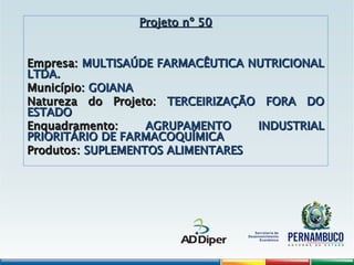 Projeto nº 50
Projeto nº 50
Empresa:
Empresa: MULTISAÚDE FARMACÊUTICA NUTRICIONAL
MULTISAÚDE FARMACÊUTICA NUTRICIONAL
LTDA.
LTDA.
Município:
Município: GOIANA
GOIANA
Natureza do Projeto:
Natureza do Projeto: TERCEIRIZAÇÃO FORA DO
TERCEIRIZAÇÃO FORA DO
ESTADO
ESTADO
Enquadramento:
Enquadramento: AGRUPAMENTO INDUSTRIAL
AGRUPAMENTO INDUSTRIAL
PRIORITÁRIO DE FARMACOQUÍMICA
PRIORITÁRIO DE FARMACOQUÍMICA
Produtos:
Produtos: SUPLEMENTOS ALIMENTARES
SUPLEMENTOS ALIMENTARES
 