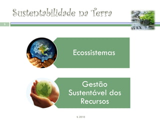 Sustentabilidade na Terra
3




                   Ecossistemas


                      Gestão
                  Sustentável dos
                     Recursos
                    IL 2010
 