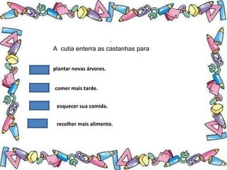 .
A cutia enterra as castanhas para
plantar novas árvores.
comer mais tarde.
esquecer sua comida.
recolher mais alimento.
 