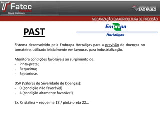 PAST
Sistema desenvolvido pela Embrapa Hortaliças para a previsão de doenças no
tomateiro, utilizado inicialmente em lavouras para industrialização.
Monitora condições favoráveis ao surgimento de:
- Pinta-preta;
- Requeima;
- Septoriose.
DSV (Valores de Severidade de Doenças):
- 0 (condição não favorável)
- 4 (condição altamente favorável)
Ex. Cristalina – requeima 18 / pinta-preta 22...
 