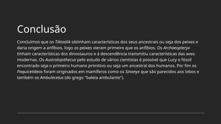 Conclusão
Concluímos que os Tiktaalik obtinham características dos seus ancestrais ou seja dos peixes e
daria origem a anfíbios, logo os peixes vieram primeiro que os anfíbios. Os Archaeopteryx
tinham características dos dinossauros e à descendência transmitiu características das aves
modernas. Os Australopithecus pelo estudo de vários cientistas é possível que Lucy o fóssil
encontrado seja o primeiro humano primitivo ou seja um ancestral dos humanos. Por fim os
Paquicetídeos foram originados em mamíferos como os Sinonyx que são parecidos aos lobos e
também os Ambulecetus (do grego "baleia ambulante").
 