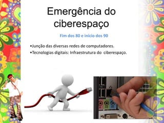 Emergência do ciberespaçoFim dos 80 e início dos 90•Junção das diversas redes de computadores.•Tecnologias digitais: Infraestrutura do  ciberespaço.