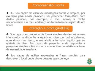 ✤ Eu sou capaz de escrever mensagens curtas e simples, por
exemplo para enviar parabéns. Sei preencher formulários com
dados pessoais, por exemplo, o meu nome, a minha
nacionalidade e o meu endereço no formulário de registo de um
hotel.
✤ Sou capaz de comunicar de forma simples, desde que o meu
interlocutor se disponha a repetir ou dizer por outras palavras,
num ritmo mais lento, e me ajude a formular aquilo que eu
gostaria de dizer. Sou capaz de perguntar e de responder a
perguntas simples sobre assuntos conhecidos ou relativos a áreas
de necessidade imediata.
Sou capaz de utilizar expressões e frases simples para
✤
descrever o local onde vivo e pessoas que conheço.
Compreensão Escrita
Interação e produção(Fala)
 