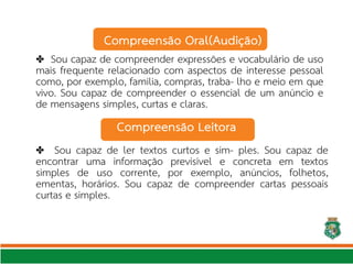 ✤ Sou capaz de compreender expressões e vocabulário de uso
mais frequente relacionado com aspectos de interesse pessoal
como, por exemplo, família, compras, traba- lho e meio em que
vivo. Sou capaz de compreender o essencial de um anúncio e
de mensagens simples, curtas e claras.
✤ Sou capaz de ler textos curtos e sim- ples. Sou capaz de
encontrar uma informação previsível e concreta em textos
simples de uso corrente, por exemplo, anúncios, folhetos,
ementas, horários. Sou capaz de compreender cartas pessoais
curtas e simples.
Compreensão Leitora
Compreensão Oral(Audição)
 