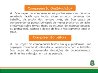 ✤ Sou capaz de compreender os pontos essenciais de uma
sequência falada que incida sobre assuntos correntes do
trabalho, da escola, dos tempos livres, etc. Sou capaz de
compreender os pontos principais de muitos programas de rádio
e televisão sobre temas atuais ou assuntos de interesse pessoal
ou profssional, quando o débito da fala é relativamente lento e
claro.
✤ Sou capaz de compreender textos em que predomine uma
linguagem corrente do dia-a-dia ou relacionada com o trabalho.
Sou capaz de compreender descrições de acontecimentos,
sentimentos e desejos, em cartas pessoais.
Compreensão Leitora
Compreensão Oral(Audição)
 