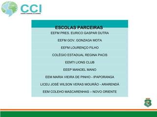 EEFM PRES. EURICO GASPAR DUTRA
EEFM GOV. GONZAGA MOTA
EEFM LOURENÇO FILHO
COLÉGIO ESTADUAL REGINA PACIS
EEMTI LIONS CLUB
EEEP MANOEL MANO
EEM MARIA VIEIRA DE PINHO - IPAPORANGA
LICEU JOSÉ WILSON VERAS MOURÃO - ARARENDÁ
EEM COLEHO MASCARENHAS – NOVO ORIENTE
EEM PRUDÊNCIO DE PINHO - PORANGA
ESCOLAS PARCEIRAS
 