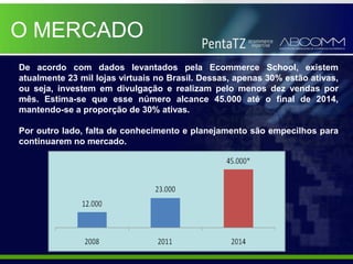 O MERCADO
De acordo com dados levantados pela Ecommerce School, existem
atualmente 23 mil lojas virtuais no Brasil. Dessas, apenas 30% estão ativas,
ou seja, investem em divulgação e realizam pelo menos dez vendas por
mês. Estima-se que esse número alcance 45.000 até o final de 2014,
mantendo-se a proporção de 30% ativas.

Por outro lado, falta de conhecimento e planejamento são empecilhos para
continuarem no mercado.
 