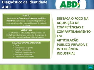 Diagnóstico da Identidade
ABDI
                       MISSÃO
   Desenvolver ações estratégicas para a política
  industrial, promovendo o investimento produtivo, o
                                                         DESTACA O FOCO NA
  emprego, a inovação e a competitividade da indústria
                       brasileira
                                                         AQUISIÇÃO DE
                                                         COMPETÊNCIAS E
                     VISÃO 2014
    Ser referência na articulação público-privada e em   COMPARTILHAMENTO
  inteligência industrial para promoção do emprego, da
     inovação e transformação da indústria brasileira    EM
                                                         ARTICULAÇÃO
         VALORES ORGANIZACIONAIS:
          • Ética                                        PÚBLICO-PRIVADA E
          •   Transparência na gestão
          •   Trabalho colaborativo                      INTELIGÊNCIA
          •   Excelência no desempenho
          •   Valorização profissional                   INDUSTRIAL
          •   Compromisso com o Brasil
 