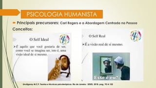 PSICOLOGIA HUMANISTA
 Principais precursores: Carl Rogers e a Abordagem Centrada na Pessoa
Conceitos:
Urrutigaray M.C.F. Teorias e técnicas psicoterápicas. Rio de Janeiro : SESES, 2018. pag,: 93 A 102
 