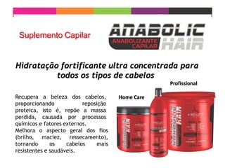 Suplemento Capilar
Hidratação fortificante ultra concentrada para
todos os tipos de cabelos
Recupera a beleza dos cabelos,
proporcionando reposição
proteica, isto é, repõe a massa
perdida, causada por processos
químicos e fatores externos.
Melhora o aspecto geral dos fios
(brilho, maciez, ressecamento),
tornando os cabelos mais
resistentes e saudáveis.
Home Care
Profissional
 