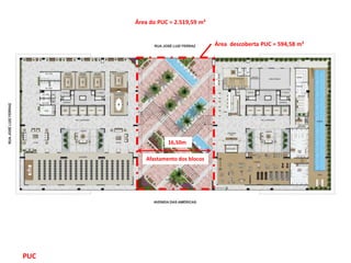 16,50m
Área do PUC = 2.519,59 m²
PUC
Área descoberta PUC = 594,58 m²
Afastamento dos blocos
 