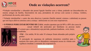 Onde as violações ocorrem?
•Violação extrafamiliar: o abusador não possui ligação familiar com a vítima, podendo ser desconhecidos ou
mesmo amigos da família, funcionários da casa, prestadores de serviço com acesso à criança, vizinhos,
profissionais da escola, entre outros.
• Violação intrafamiliar: o autor dos atos abusivos é parente (família natural, extensa e substituta) ou pessoa
que tem laços afetivos estreitos com a criança / adolescente ou com seus responsáveis.
• O PERIGO PODE ESTAR DENTRO DE CASA: estudos apontam que de 80% a 88% dos casos de
violência sexual infantil são praticados por familiares ou pessoas muito
próximas à vítima. É comum que o abusador(a) seja pai/mãe, padrasto/madrasta, avós, tio(a),
primo(a), padrinho/madrinha.
• PAI – Em média, 04 de cada 10 crianças foram abusadas pelo próprio
genitor .
•A percepção de segurança do ambiente doméstico contribui para o
aumento dos casos, pois os abusadores conseguem acesso às vítimas sem
vigilância imediata e constante dos responsáveis.
6
 