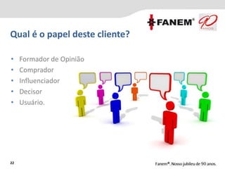 Qual é o papel deste cliente?
22
• Formador de Opinião
• Comprador
• Influenciador
• Decisor
• Usuário.
 