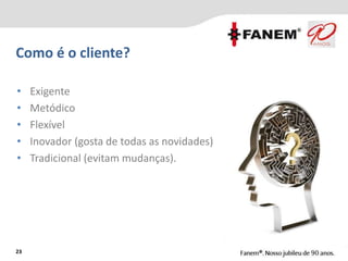 Como é o cliente?
23
• Exigente
• Metódico
• Flexível
• Inovador (gosta de todas as novidades)
• Tradicional (evitam mudanças).
 