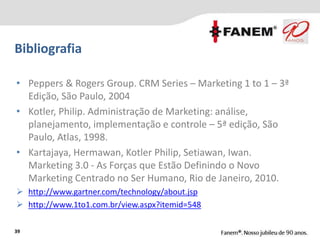 Bibliografia
• Peppers & Rogers Group. CRM Series – Marketing 1 to 1 – 3ª
Edição, São Paulo, 2004
• Kotler, Philip. Administração de Marketing: análise,
planejamento, implementação e controle – 5ª edição, São
Paulo, Atlas, 1998.
• Kartajaya, Hermawan, Kotler Philip, Setiawan, Iwan.
Marketing 3.0 - As Forças que Estão Definindo o Novo
Marketing Centrado no Ser Humano, Rio de Janeiro, 2010.
 http://www.gartner.com/technology/about.jsp
 http://www.1to1.com.br/view.aspx?itemid=548
39
 