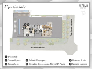 1º pavimento
1
Descanso1
3
2 Sauna Úmida
3 Sauna Seca
2
4
Sala de Massagem4
5
5
6
Elevador de acesso ao Térreo/1º Pavto.
Elevador Social6
7 Terraço coberto
7
6
 