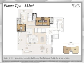 Planta Tipo - 332m²
Suítes 1, 2, 3 – ambientes bem distribuídos,com banheiros confortável e janela amplas.
Material preliminar sujeito a alteração e exclusivo para uso interno da Even. Proibida a divulgação. As unidades só poderão ser comercializadas mediante Registro de Incorporação
 