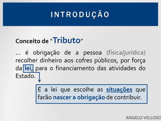 ... é obrigação de a pessoa (física/jurídica)
recolher dinheiro aos cofres públicos, por força
da lei, para o financiamento das atividades do
Estado.
I N T R O D U Ç Ã O
Conceito de “Tributo”
É a lei que escolhe as situações que
farão nascer a obrigação de contribuir.
ANGELO VELLOSO
 