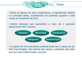Causas


• Entre os fatores de risco modificáveis, a hipertensão arterial
é o principal deles, acarretando um aumento superior a três
vezes na incidência de AVC.

• Outras doenças que aumentam o risco de o paciente
desenvolver AVC incluem:

         Diabetes        Obesidade        Dislipidemia


                  Tabagismo          Sedentarismo


• A ruptura de um aneurisma cerebral pode ser a causa de um
AVC hemorrágico. Na maioria das vezes, o paciente não sabe
que tem esta malformação vascular.
 