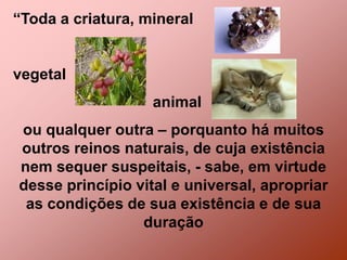“Toda a criatura, mineral vegetalanimal  ou qualquer outra – porquanto há muitos outros reinos naturais, de cuja existência nem sequer suspeitais, - sabe, em virtude desse princípio vital e universal, apropriar as condições de sua existência e de sua duração