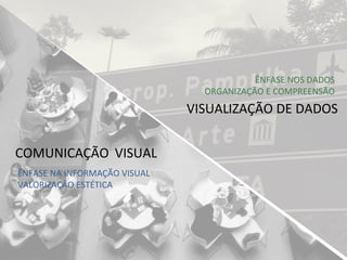 ÊNFASE	
  NOS	
  DADOS	
  
                                              ORGANIZAÇÃO	
  E	
  COMPREENSÃO	
  
                                           VISUAL	
  
                                                 IZAÇÃO	
  DE	
  DADOS	
  


COMUNICAÇÃO	
   VISUAL	
  
ÊNFASE	
  NA	
  INFORMAÇÃO	
  VISUAL	
  
VALORIZAÇÃO	
  ESTÉTICA	
  
 