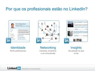 Soluções de recrutamento
Por que os profissionais estão no LinkedIn?
Identidade
Perfis profissionais Conectar, encontrar
e ser encontrado
Networking
Ser grande no que
se faz
Insights
 