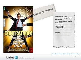 Soluções de recrutamento
28
“disseram confiar o cargo a
engenheiros civis, duas
citaram os engenheiros
mecânicos e outra optou
pelo engenheiro naval.
Cinco anos de experiência
no ramo e mais uma
especialização técnica –
em rodovias, estruturas ou,
como pedem três dos
executivos entrevistados,
petróleo – completariam o
perfil do profissional dos
sonhos das construtoras.”
Fonte: Revista Veja de 23 de Maio de 2012, matéria de Capa
 