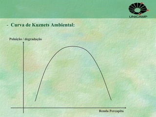 -   Curva de Kuznets Ambiental: Renda Percapita Poluição / degradação 
