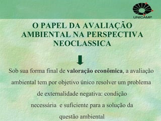 O PAPEL DA AVALIAÇÃO AMBIENTAL NA PERSPECTIVA NEOCLASSICA Sob sua forma final de  valoração econômica , a avaliação  ambiental tem por objetivo único resolver um problema  de externalidade negativa: condição necessária  e suficiente para a solução da  questão ambiental 