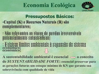 Capital   (K) e Recursos Naturais   (R) são complementares; São relevantes os riscos de perdas irreversíveis potencialmente catastróficas; -  Existem   limites ambientais à expansão do sistema econômico; Pressupostos Básicos: Economia Ecológica Capital   (K) e Recursos Naturais   (R) são complementares; São relevantes os riscos de perdas irreversíveis potencialmente catastróficas; -  Existem   limites ambientais à expansão do sistema econômico; A sustentabilidade ambiental é essencial  o conceito de  SUSTENTABILIDADE FORTE :  essencial preservar para as gerações futuras um estoque mínimo de KN que garanta sua sobrevivência com qualidade de vida 
