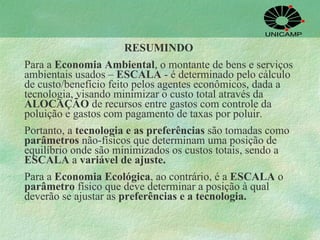 RESUMINDO Para a  Economia Ambiental , o montante de bens e serviços ambientais usados –  ESCALA  - é determinado pelo cálculo de custo/benefício feito pelos agentes econômicos, dada a tecnologia, visando minimizar o custo total através da  ALOCAÇÃO  de recursos entre gastos com controle da poluição e gastos com pagamento de taxas por poluir. Portanto, a  tecnologia e as preferências  são tomadas como  parâmetros  não-físicos que determinam uma posição de equilíbrio onde são minimizados os custos totais, sendo a  ESCALA  a  variável de ajuste.  Para a  Economia Ecológica , ao contrário, é a  ESCALA  o  parâmetro  físico que deve determinar a posição à qual deverão se ajustar as  preferências e a tecnologia.   