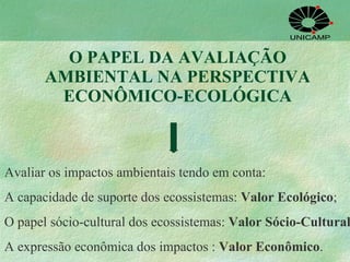 O PAPEL DA AVALIAÇÃO AMBIENTAL NA PERSPECTIVA ECONÔMICO-ECOLÓGICA Avaliar os impactos ambientais tendo em conta:  A capacidade de suporte dos ecossistemas:  Valor Ecológico ; O papel sócio-cultural dos ecossistemas:  Valor Sócio-Cultural ; A expressão econômica dos impactos :  Valor Econômico . 
