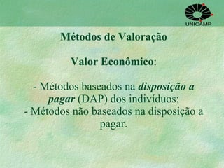 Métodos de Valoração Valor Econômico : - Métodos baseados na  disposição a pagar  (DAP) dos indivíduos; - Métodos não baseados na disposição a pagar. 