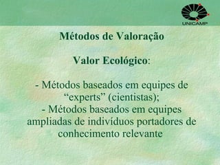Métodos de Valoração Valor Ecológico : - Métodos baseados em equipes de “experts” (cientistas); - Métodos baseados em equipes ampliadas de indivíduos portadores de conhecimento relevante  
