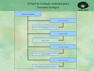 O Papel da Avaliação Ambiental para a  Economia Ecológica Funções Ecossistêmicas Funções de Regulação Funções de Habitat Funções de Produção Funções de Informação Regulação de gás, regulação climática, regulação de distúrbios, regulação e oferta de água, retenção do solo, formação do solo, regulação de nutrientes, tratamento de resíduos, polinização, controle biológico Refúgio e berçário Alimentos, matéria orgânica em geral, recursos genéticos, recursos ornamentais Recreação, informação estética, informação artística e cultural, informação histórica e espirutal, ciência e educação 