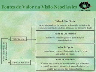 Fontes de Valor na Visão Neoclássica Valor de Uso Direto Apropriação direta de recursos ambientais, via extração,  visitação ou outra atividade de produção ou consumo direto. Valor de Uso Indireto Benefícios indiretos gerados pelas funções  ecossistêmicas. Valor de Existência Valores não associados ao consumo e que referem-se a questões morais, culturais, éticas ou altruística em  relação à existência dos bens ambientais. Valor de Opção Intenção de consumo direto ou indireto do bem ambiental  no futuro. Valor de Uso Valor de Não Uso Valor Econômico do  Recurso Ambiental 
