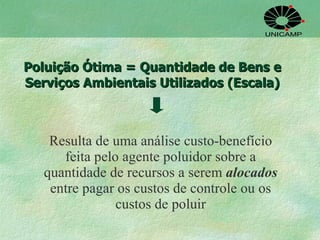 Poluição Ótima = Quantidade de Bens e Serviços Ambientais Utilizados (Escala) Resulta de uma análise custo-benefício feita pelo agente poluidor sobre a quantidade de recursos a serem  alocados  entre pagar os custos de controle ou os custos de poluir 
