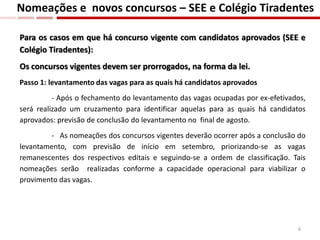Para os casos em que há concurso vigente com candidatos aprovados (SEE e
Colégio Tiradentes):
Os concursos vigentes devem ser prorrogados, na forma da lei.
Passo 1: levantamento das vagas para as quais há candidatos aprovados
- Após o fechamento do levantamento das vagas ocupadas por ex-efetivados,
será realizado um cruzamento para identificar aquelas para as quais há candidatos
aprovados: previsão de conclusão do levantamento no final de agosto.
- As nomeações dos concursos vigentes deverão ocorrer após a conclusão do
levantamento, com previsão de início em setembro, priorizando-se as vagas
remanescentes dos respectivos editais e seguindo-se a ordem de classificação. Tais
nomeações serão realizadas conforme a capacidade operacional para viabilizar o
provimento das vagas.
Nomeações e novos concursos – SEE e Colégio Tiradentes
6
 