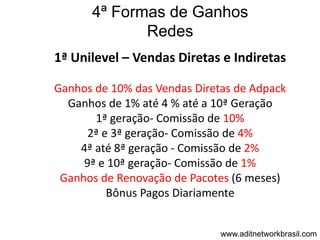 4ª Formas de Ganhos
             Redes
1ª Unilevel – Vendas Diretas e Indiretas

Ganhos de 10% das Vendas Diretas de Adpack
  Ganhos de 1% até 4 % até a 10ª Geração
       1ª geração- Comissão de 10%
      2ª e 3ª geração- Comissão de 4%
    4ª até 8ª geração - Comissão de 2%
     9ª e 10ª geração- Comissão de 1%
 Ganhos de Renovação de Pacotes (6 meses)
          Bônus Pagos Diariamente


                              www.aditnetworkbrasil.com
 
