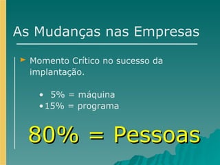 As Mudanças nas Empresas 80% = Pessoas Momento Crítico no sucesso da implantação. 5% = máquina  15% = programa  