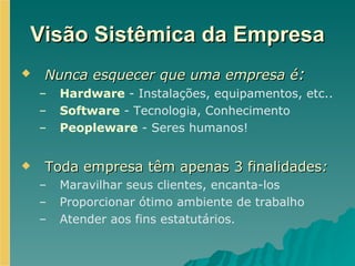 Visão Sistêmica da Empresa Nunca esquecer que uma empresa é : Hardware  - Instalações, equipamentos, etc..  Software  - Tecnologia, Conhecimento  Peopleware  - Seres humanos! Toda empresa têm apenas 3 finalidades : Maravilhar seus clientes, encanta-los  Proporcionar ótimo ambiente de trabalho  Atender aos fins estatutários. 