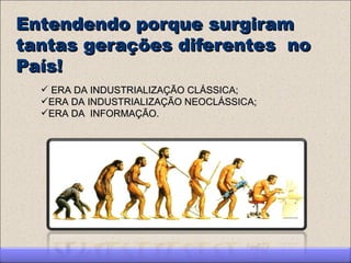 Entendendo porque surgiram
tantas gerações diferentes no
País!
   ERA DA INDUSTRIALIZAÇÃO CLÁSSICA;
  ERA DA INDUSTRIALIZAÇÃO NEOCLÁSSICA;
  ERA DA INFORMAÇÃO.
 