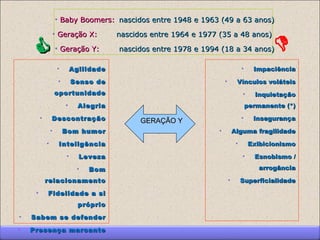 • Baby Boomers: nascidos entre 1948 e 1963 (49 a 63 anos)

                     • Geração X:         nascidos entre 1964 e 1977 (35 a 48 anos)              
                    • Geração Y:         nascidos entre 1978 e 1994 (18 a 34 anos)

                      •       Agilidade                                               •     Impaciência

                      •       Senso de                                   •        Vínculos voláteis
                     oportunidade                                                     •     Inquietação
                          •     Alegria                                                   permanente (*)

         •       Descontração                   GERAÇÃO Y                             •     Insegurança

                 •        Bom humor                                  •           Alguma fragilidade

             •        Inteligência                                                •       Exibicionismo
                          •     Leveza                                                •     Esnobismo /

                               •   Bom                                                       arrogância

             relacionamento                                                  •        Superficialidade
     •       Fidelidade a si
                                próprio
•   Sabem se defender
•   Presença marcante
 