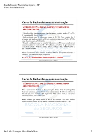 Escola Superior Nacional de Seguros - SP
Curso de Administração




                    Curso de Bacharelado em Administração
                     MÉTODO DE AVALIAÇÃO DO PROCESSO ENSINO-
                     APRENDIZAGEM
                    • São oferecidas, obrigatoriamente, 4 avaliações por período, sendo: AV1, AV2,
                    2ª chamada e PF (Prova Final);
                    • Cada avaliação vale 10 valores em escala de 0 a 10. Caso a média das 2
                    primeiras seja igual ou superior a 6,0 (seis inteiros), obtida como (AV1 + AV2)/2,
                    o (a) aluno(a) estará APROVADO;
                    • Quando a média encontrar-se entre 3,0 (três inteiros) e 5,9 (cinco vírgula nove)
                    o(a) aluno(a) deverá realizar a PF – Prova Final. A nota final de aproveitamento
                    será obtida: (AV1 + AV2)/2 = Média; (Média + PF)/2 ≥ 5,0 = APROVADO, ≤
                    5,0 = REPROVADO.

                    • Caso o(a) aluno(a) perca uma das avaliações AV1 ou AV2 poderá realizar a 2ª
                    chamada , que substituirá a que foi perdida.
                    • ATENÇÃO: Somente existe uma avaliação de 2ª chamada.
                                             Escola Superior Nacional de Seguros de São Paulo




                    Curso de Bacharelado em Administração
                     MÉTODO DE AVALIAÇÃO DO PROCESSO ENSINO-
                     APRENDIZAGEM
                    • Se o aluno deixar de fazer as duas avaliações AV1 e AV2, ele ainda poderá
                    fazer a 2ª chamada , porém deverá obter a nota mínima de 6,0 (seis inteiros) a
                    fim de que possa realizar a PF, e procurar obter a nota final de 5,0 (cinco
                    inteiros), mínima para a aprovação;

                    • O(a) aluno(a) que obtiver média de AV1 e AV2 inferior a 3,0 (três) inteiros
                    estará automaticamente REPROVADO conforme regimento da ESNS – SP.




                                             Escola Superior Nacional de Seguros de São Paulo




Prof. Ms. Domingos Alves Corrêa Neto                                                                     7
 