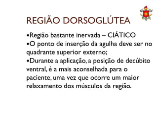 REGIÃO DORSOGLÚTEA
Região bastante inervada – CIÁTICO
O ponto de inserção da agulha deve ser no
quadrante superior externo;
Durante a aplicação, a posição de decúbitoDurante a aplicação, a posição de decúbito
ventral, é a mais aconselhada para o
paciente, uma vez que ocorre um maior
relaxamento dos músculos da região.
 