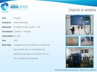 Drives Water Saving for Next Generation
País
Industria
Aplicação
Tecnologia
Capacidade
Ano
Descrição
Portugal
Food & Beverage
Produção de água potável - ETA
Oxidação + Filtração
40 m3/h
2010
Instalação de uma unidade de produção de
água potável com um pré-tratamento
específico para água com elevado teor em
ferro e sólidos em suspensão.
PROJECTOS DE REFERÊNCIA
 