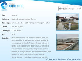 Drives Water Saving for Next Generation
PROJECTOS DE REFERÊNCIA
País
Industria
Tecnologia
Caudal
Capitação
Ano
Descrição
Portugal
Abate e Processamento de Carnes
Lamas Activadas – O&M Management Program - ETAR
208,000 m3/ano
57,500 Habeq
2012
O tratamento das águas residuais geradas sofre um
processo inicial de gradagem de grossos, seguida de
uma etapa de tamisação fina permitindo a retirada de
sólidos finos e de gorduras do processo. O efluente é
posteriormente enviado para 3 tanques sequenciais, o
primeiro de reacção anóxica e os restantes aeróbia, com
decantador secundário e recirculação de lamas.
Todo o sistema é controlado remotamente por PLC.
 