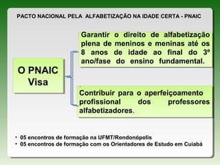 PACTO NACIONAL PELA ALFABETIZAÇÃO NA IDADE CERTA - PNAIC
• 05 encontros de formação na UFMT/Rondonópolis
• 05 encontros de formação com os Orientadores de Estudo em Cuiabá
Garantir o direito de alfabetização
plena de meninos e meninas até os
8 anos de idade ao final do 3º
ano/fase do ensino fundamental.
Garantir o direito de alfabetização
plena de meninos e meninas até os
8 anos de idade ao final do 3º
ano/fase do ensino fundamental.
.
Contribuir para o aperfeiçoamento
profissional dos professores
alfabetizadores.
.
Contribuir para o aperfeiçoamento
profissional dos professores
alfabetizadores.
O PNAIC
Visa
O PNAIC
Visa
 